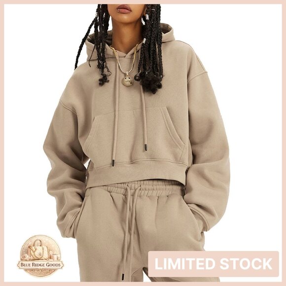 Pants - Fleece Crop Hoodie Jogger Set Y2K Chic Oversized Warm Winter Activewear